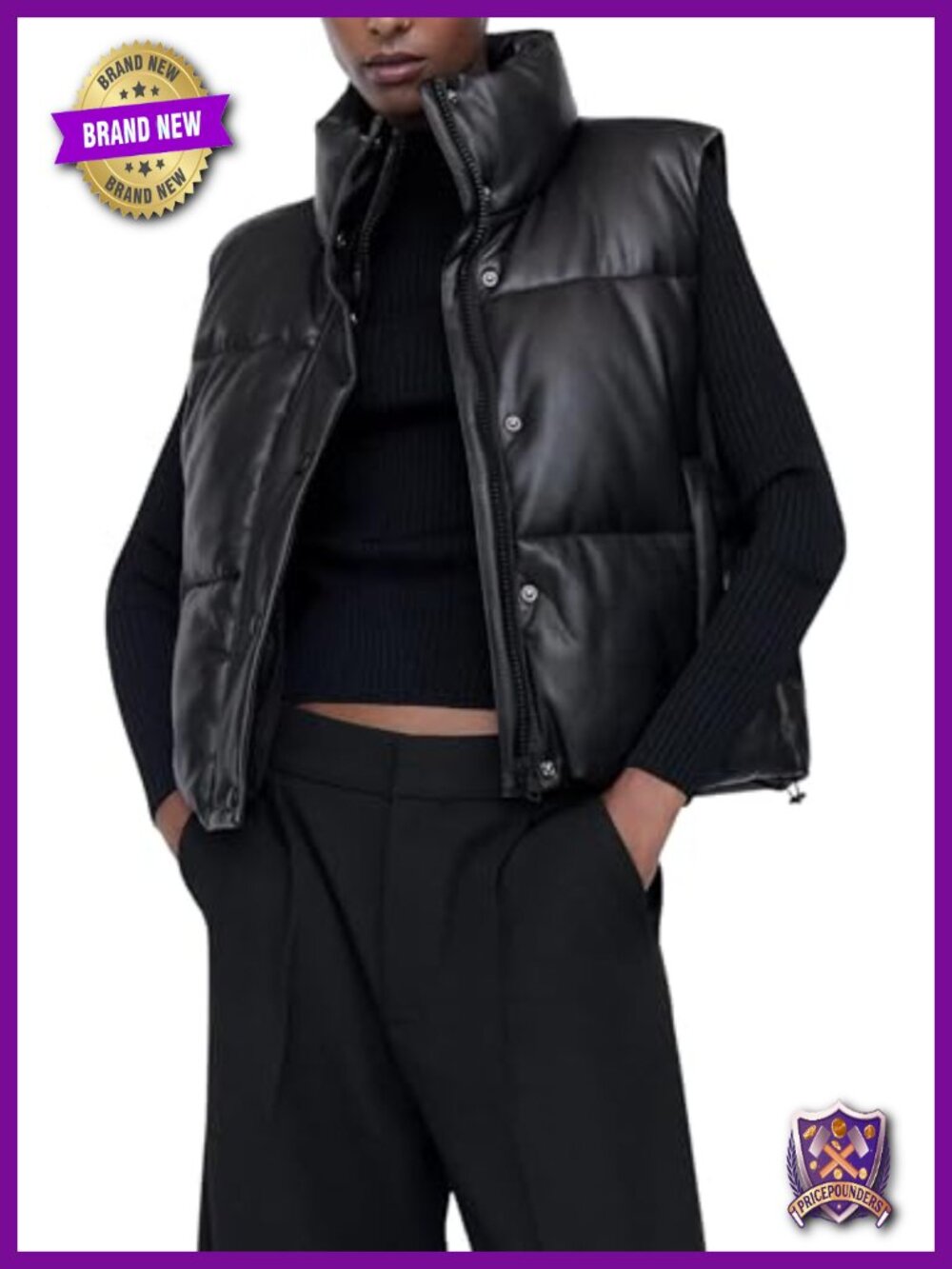 Faux Leather Puffer Vest Zip-Up Quilted Sleeveless Jacket